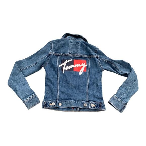 Tommy Hilfiger SPELLOUT Logo Denim Jean Jacket Button Up Classic Streetwear XXS - Picture 1 of 16